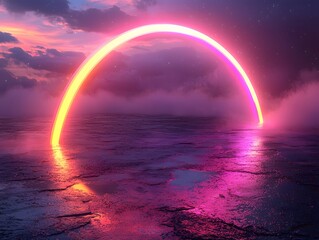 Neon rainbow arc across the night sky horizon