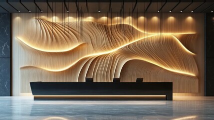 Modern Lobby Reception Illuminated Wooden Wall Art Design