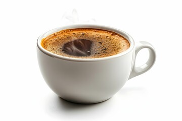 Fototapeta premium kawa, filiżanka, czarna kawa, gorący napój, espresso, crema, kawiarnia, poranna kawa, neutralne tło, biała porcelana, realistyczna para, tekstura kawy, brązowy kolor, profesjonalna fotografia, minimal