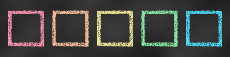 Realistic Chalk Drawn Sketch. Set of Design Elements Colorful Square Frames Isolated on Chalkboard Backdrop.