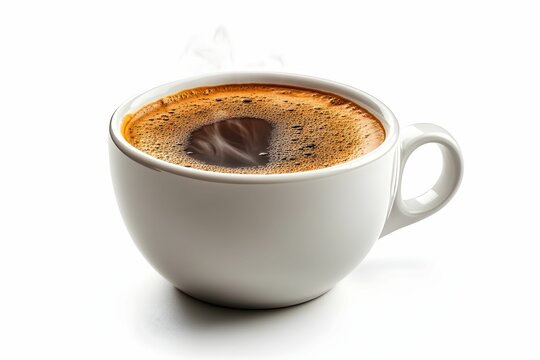 kawa, filiżanka, czarna kawa, gorący nap&oacute;j, espresso, crema, kawiarnia, poranna kawa, neutralne tło, biała porcelana, realistyczna para, tekstura kawy, brązowy kolor, profesjonalna fotografia, minimal