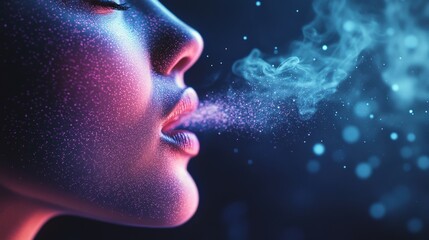A mesmerizing close-up of a woman's profile exhaling mist, set against a dreamy background filled with sparkling particles and vibrant colors that evoke emotion.