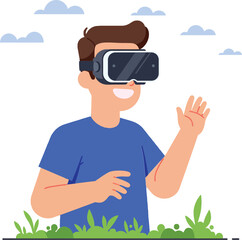 A young man wearing a virtual reality headset, exploring a digital world with excitement, flat design vector art