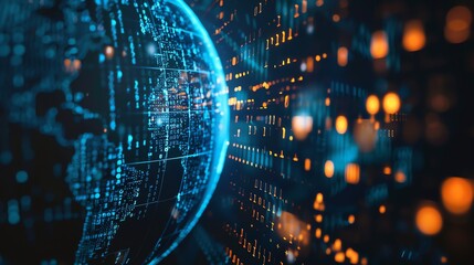 Obraz premium A digital rendering of a globe made of data and code, with a background of glowing orange lights.