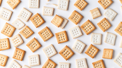 Crackers on a white background arranged in an orderly pattern. A minimalist and stylish presentation.