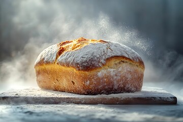 chleb, pieczywo, bochenek, rzemieślniczy, chrupiąca skórka, złocisty kolor, mąka, wypiek, naturalne światło, domowy chleb, fotografia kulinarna, neutralne tło, świeżość, produkt organiczny, piekarnia,