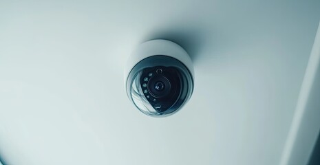 Security camera mounted on white ceiling