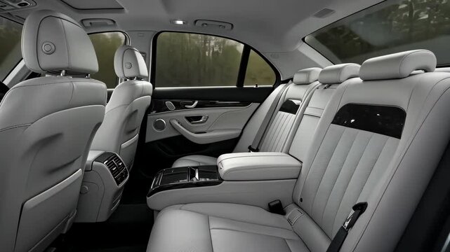 Luxury Vehicle Interior: Capturing the opulence and refinement of a premium vehicle's back seating, showcasing plush leather upholstery, elegant design, and sophisticated craftsmanship.