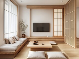 A minimalist bedroom features a wooden table and decor