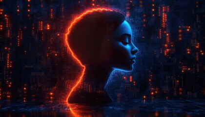 A woman's face is shown in a blue and orange background