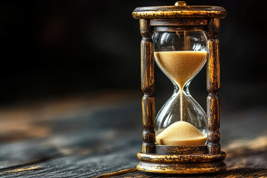 Antique wooden hourglass with golden sand flowing on a rustic wooden table