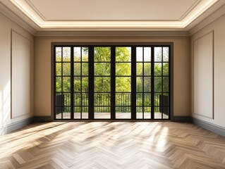 A large room with a wooden floor and a large window. The window is open and the room is empty