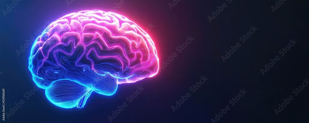 Poster artificial intelligence computing in future cyberspace concept. vivid neon brain illustration repres