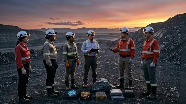 Mining Team Review: A team of diverse mining professionals gathers around a collection of mineral samples in a rugged outdoor setting, discussing findings with the backdrop of a dramatic sunset.