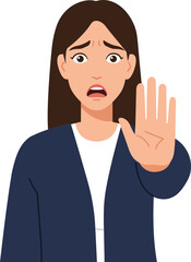 A concerned woman raising her hand in a stop gesture, illustrated in a flat design style, conveying urgency and emotion in vector art