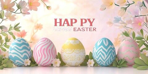 Colorful easter eggs with floral patterns and spring flowers create a festive scene with a happy easter message, celebrating the joy and renewal of the season