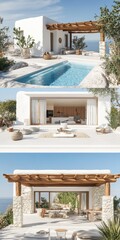 Fototapeta premium A white house with a pool and a patio. The house has a white roof and a wooden pergola