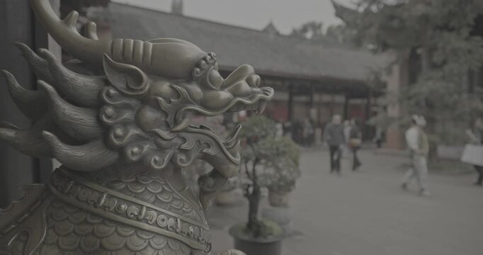 Chengdu, Sichuan, China. Ungraded C LOG 2, Bronze Lion Head Sculpture. Statue Of Mystical Chinese Guardian Lion. Head Of Golden Lion Statue At Wenshu Monastery. Sculptures Of Kylins Or Qilin. Kylins