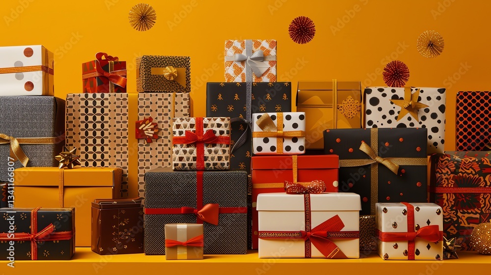 Poster a stack of wrapped gifts with various colors and patterns against a yellow background.
