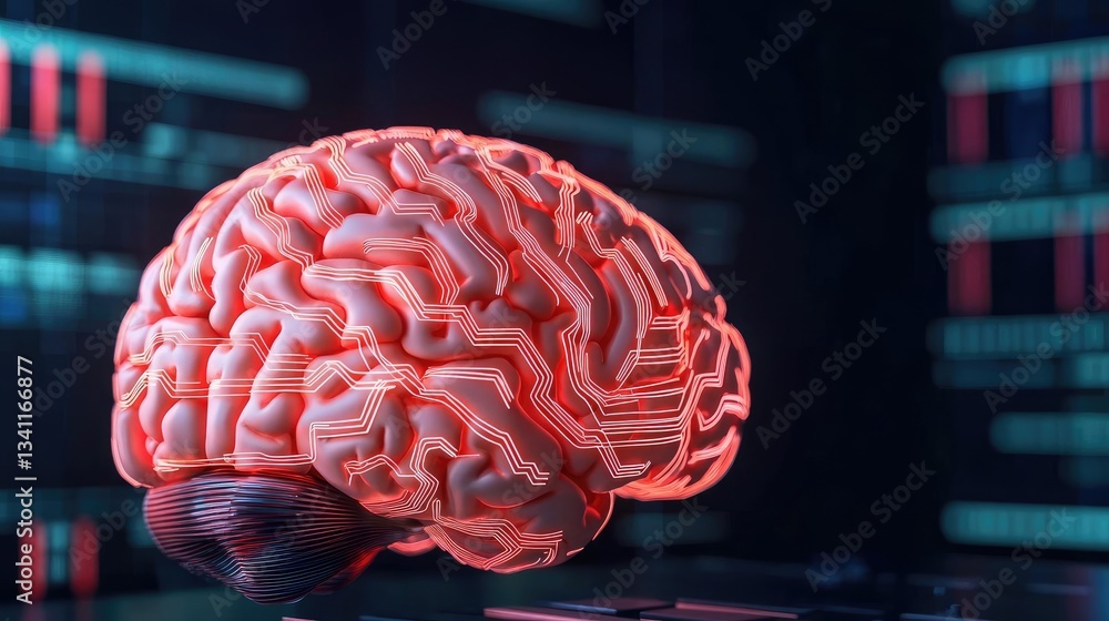 Poster artificial intelligence computing in future cyberspace concept. a vibrant digital brain illustration