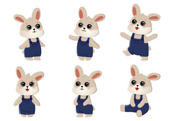 Fototapeta premium Cute cartoon rabbits in clothes. Set of flat cartoon vector illustrations isolated on white background.