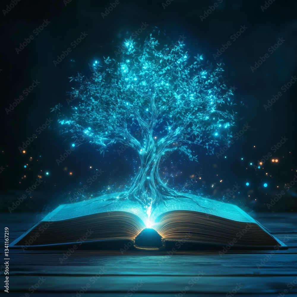 Poster a glowing tree emerges from an open book in a mystical setting. education & e-learning
