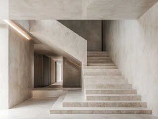 Obraz premium A staircase is made of stone and is in a hallway. The staircase is very tall and has a lot of steps