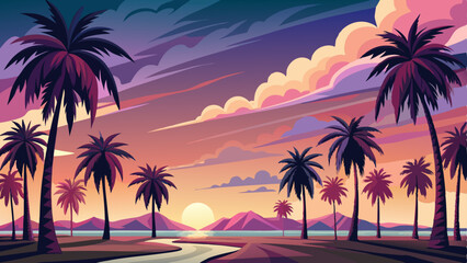 vector of pastel sunset colors the open sky, while a row of palm trees stands quietly, soaking in the evening glow