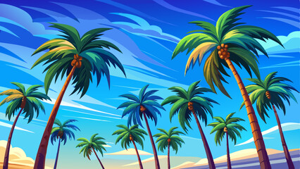 clear blue sky stretches endlessly above a row of tall palm trees swaying gently in the warm breeze