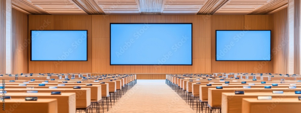 Poster modern conference room with empty screens and rows of desks