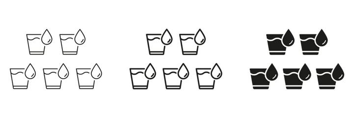 Hydration And Drinking Water Regularly Line and Silhouette Icon Set. Five Glasses Of Water With Droplets. Editable Stroke. Isolated Vector Illustration