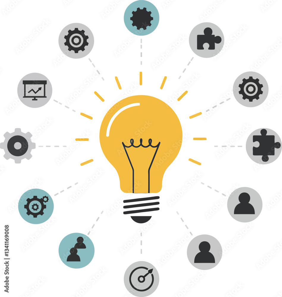 Poster light bulb at the center of interconnected gears and icons in a minimal flat design vector illustrat