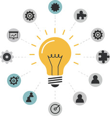 Light bulb at the center of interconnected gears and icons in a minimal flat design vector illustration showcasing innovation and brainstorming concepts