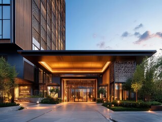 Obraz premium A modern luxury hotel entrance illuminated during twilight hours