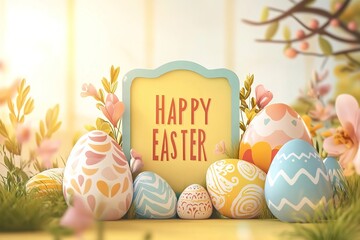 Colorful easter eggs with floral patterns and spring flowers create a festive scene with a happy easter message, celebrating the joy and renewal of the season