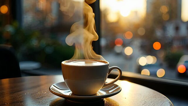 Morning Brew with City View: A steaming cup of coffee sits on a saucer, with the warm morning sunlight filtering through a window in the background, softly illuminating the vibrant cityscape.