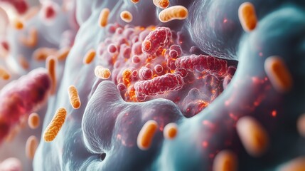 An intricate microscopic view illustrates the interaction between various cells and bacteria, showcasing the complexity of biological processes at the microscopic level.
