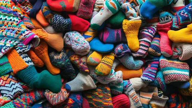 close-up shot completely filled with colorful socks, fun patterns, tightly packed, cozy vibe, vibrant and cheerful, seamless look