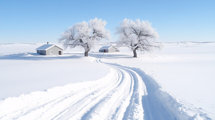 Obraz premium A country house with a smoking chimney, surrounded by snow-covered trees, symbolizing secluded life in winter conditions. 