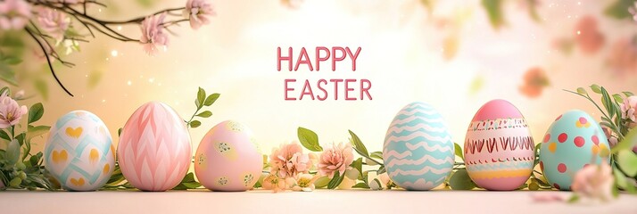 Colorful easter eggs with floral patterns and spring flowers create a festive scene with a happy easter message, celebrating the joy and renewal of the season