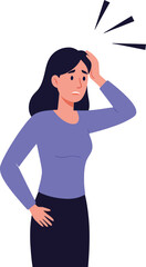Woman with long black hair expressing concern while touching her forehead in a flat vector illustration depicting stress and anxiety