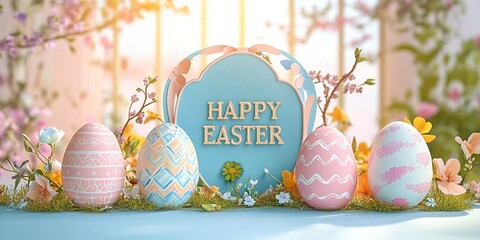 Colorful easter eggs with floral patterns and spring flowers create a festive scene with a happy easter message, celebrating the joy and renewal of the season