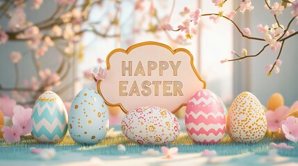 Colorful easter eggs with floral patterns and spring flowers create a festive scene with a happy easter message, celebrating the joy and renewal of the season