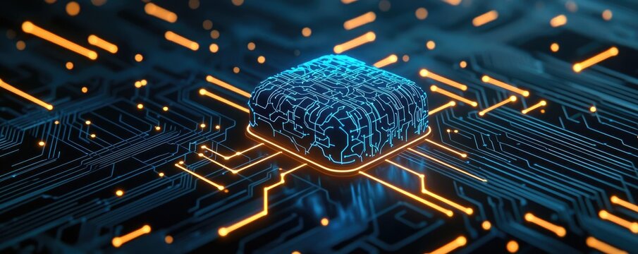 Artificial intelligence brain circuit in computing concept. A digital circuit board with a glowing microchip design.