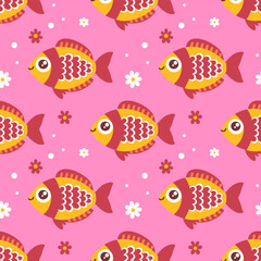 Naklejka premium Seamless pattern with fishes with flowers on pink background. Surface design for textile, fabric.