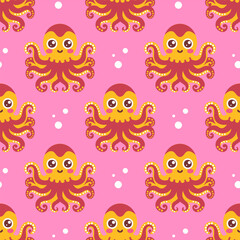 Seamless pattern with cute octopus on pink background. Surface design for textile, fabric.