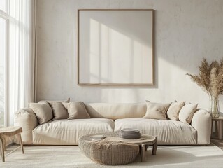 A large white couch is in a room with a white wall. There is a large picture frame on the wall