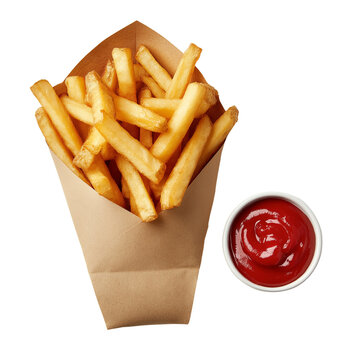 A top-down view of French fries with ketchup on parchment paper, isolated against a transparent  background. png