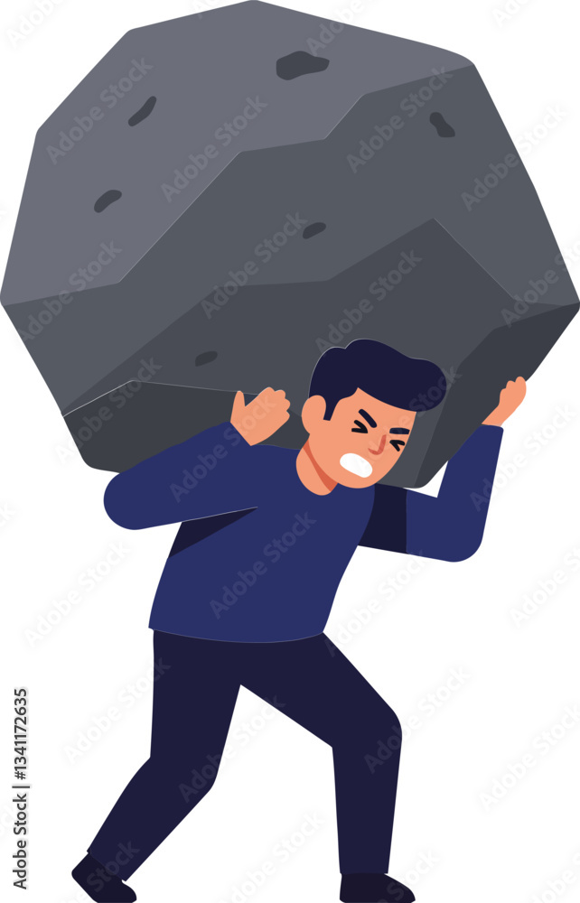 Poster a determined man lifting a large boulder with effort in a flat and minimal vector illustration depic