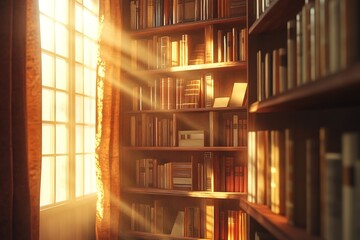 Obraz premium Warm sunlight streams through a window, illuminating a bookshelf filled with numerous books in a cozy home library, creating a peaceful and inviting atmosphere